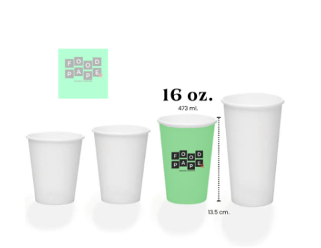 Vaso de papel de 16 oz. Ideal para bebidas frías o calientes.
