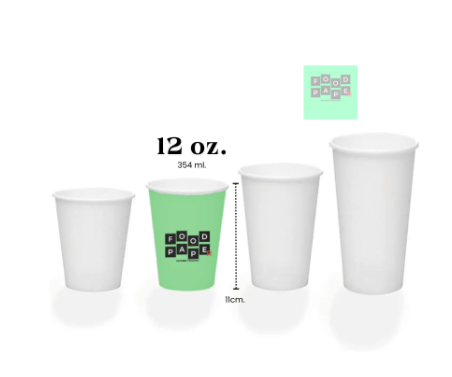 Vaso de papel de 12 oz. Ideal para bebidas frías o calientes.